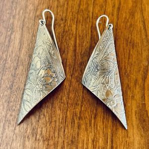 Floral Etched Brass Tone Metal Curved Triangle Drop Earrings